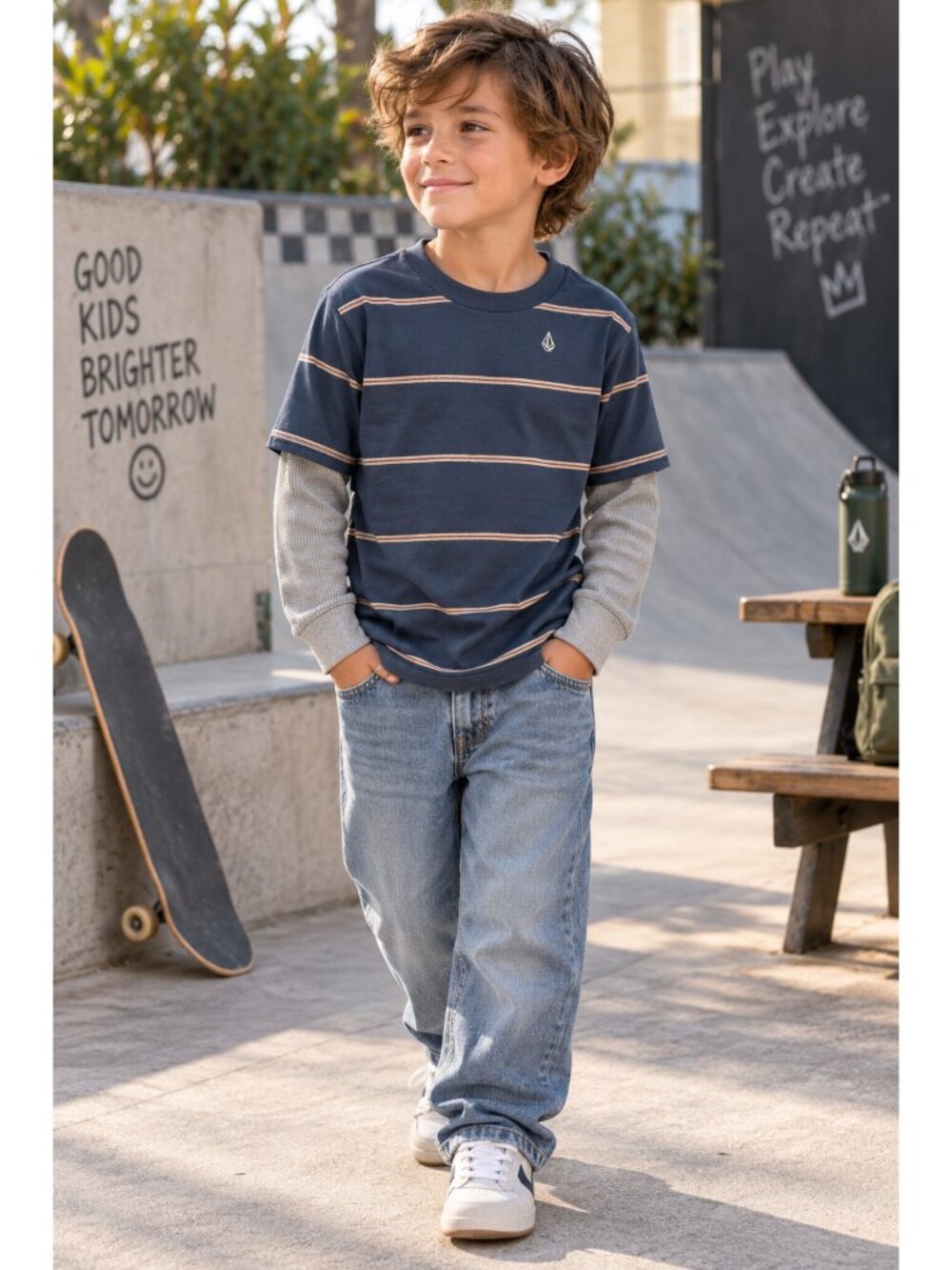 VOLCOM Joben 2 Fer Long Sleeve Shirt Boys Youth Casual Fall Cotton Striped S 8